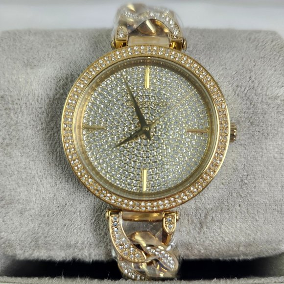 NEW Michael Kors Catelyn Chain Pave Glitz Gold Rhinestone Watch MK4674 NWT Box
